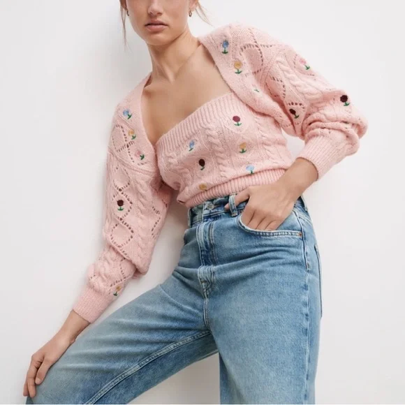 NWT ZARA PINK POINTELLE KNIT CROPPED CARDIGN - Picture 5 of 5